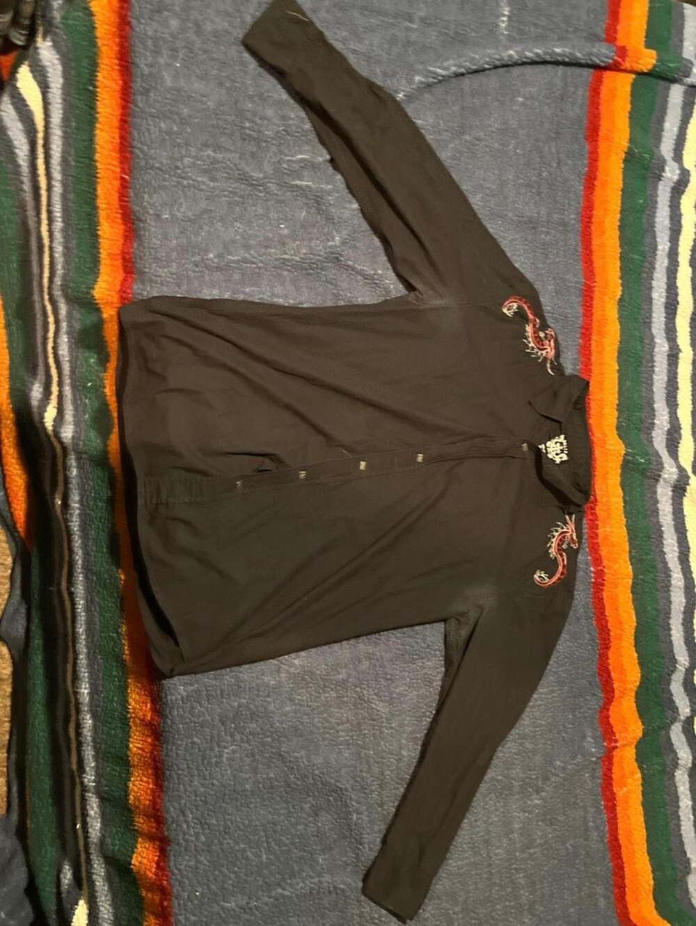 BKLYN Xpress Men's Black Long Sleeve Button Up Shirt with Dragon and Cross